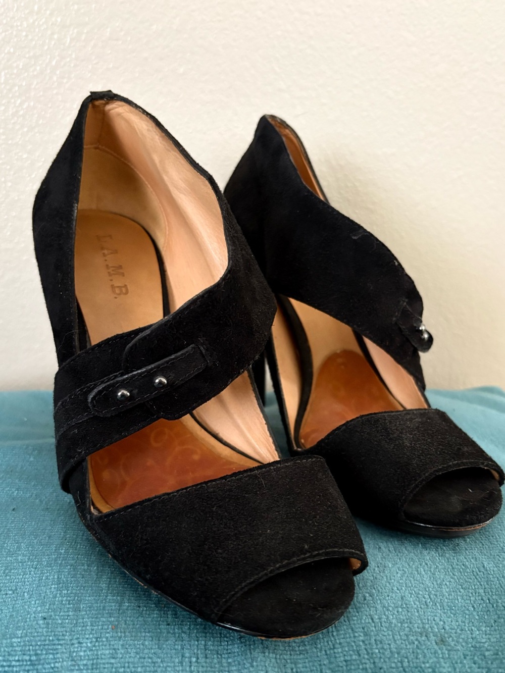 L.A.M.B. black suede cutout high heels, women’s size 9M. Crossover Peep-Toe Heel